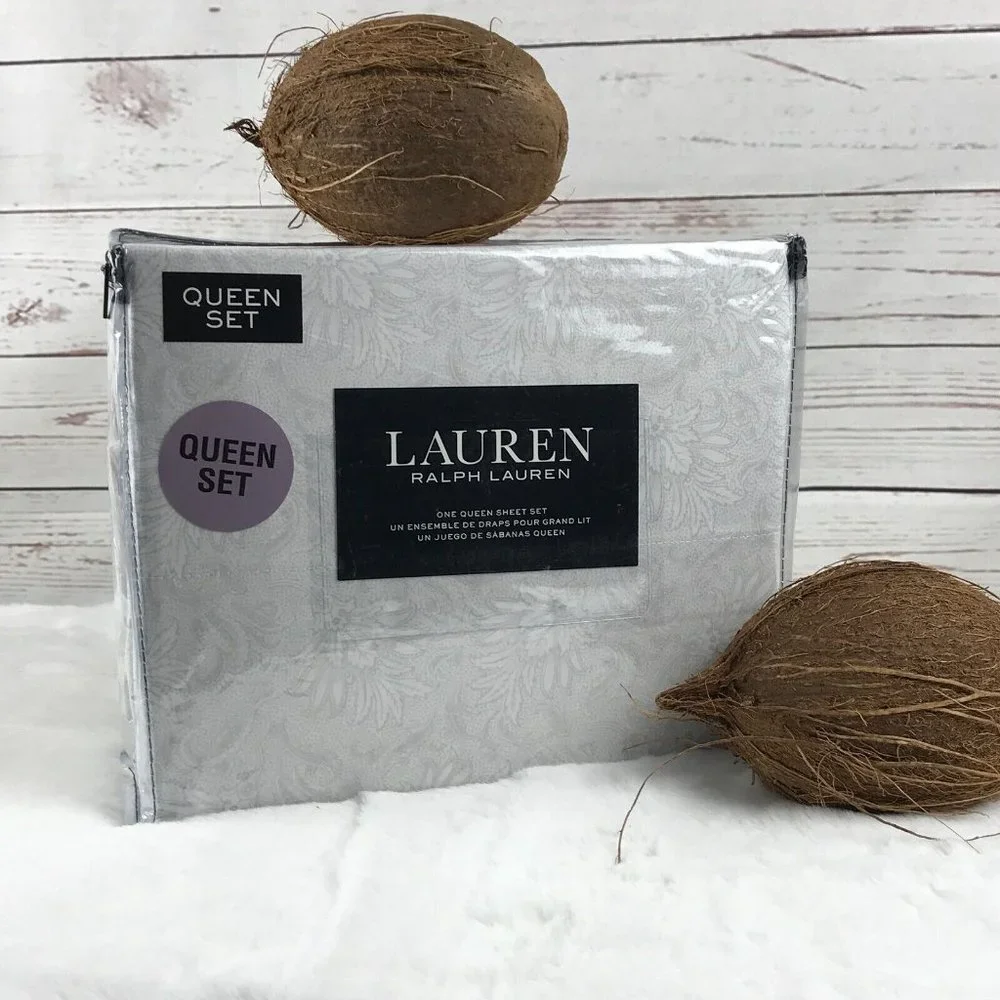 Lauren RALPH LAUREN (White/Pale Gray Floral) 100% Cotton QUEEN Sheet Set - Picture 1 of 5